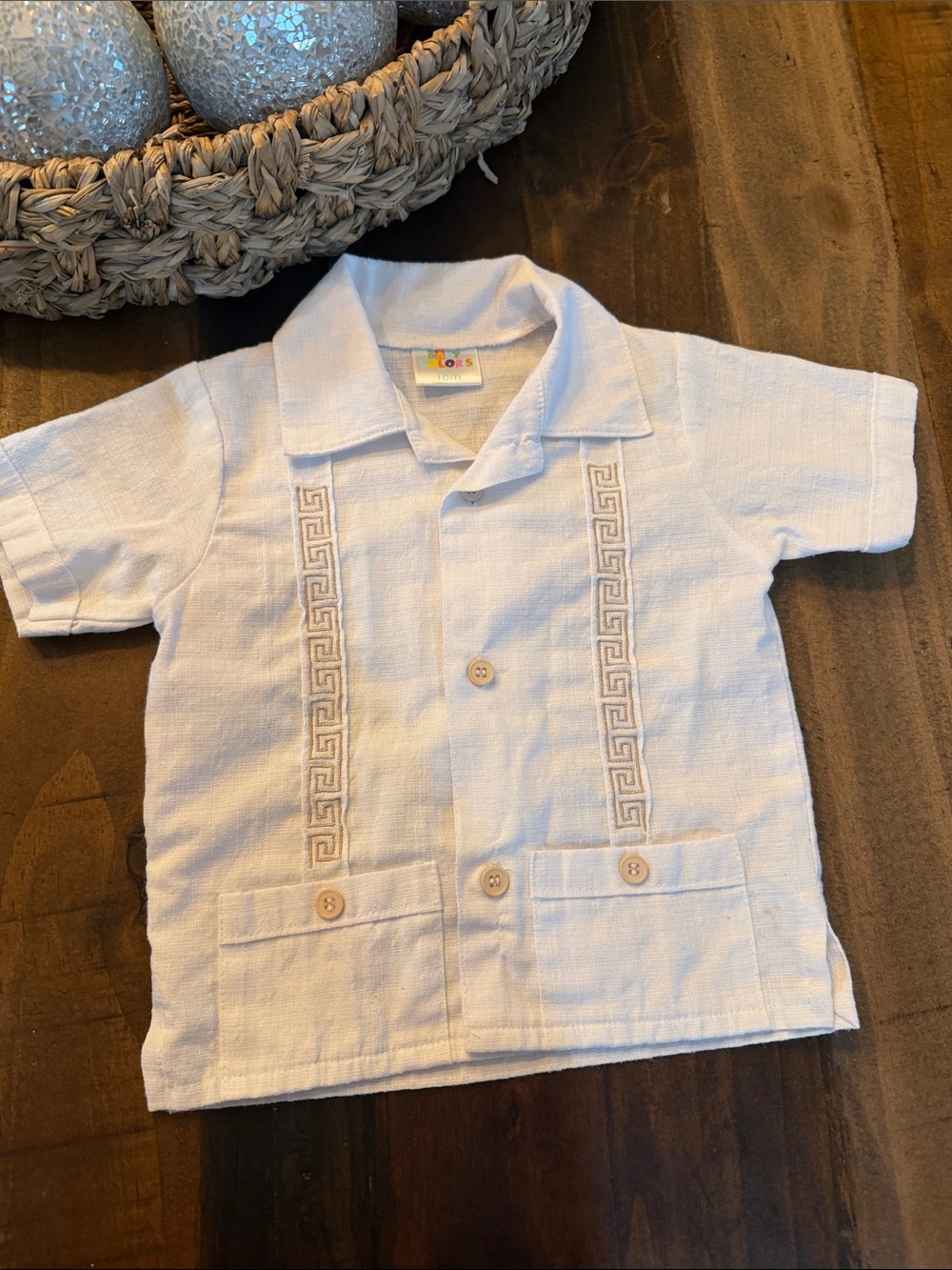 Boys White Embroidered Button-Front Guayabera-Style Shirt